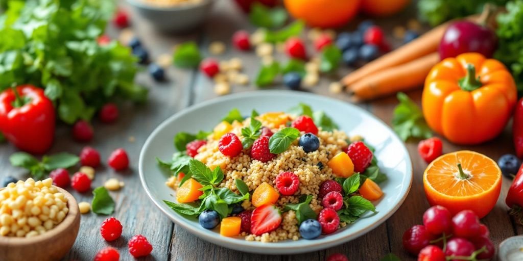 A table with colourful healthy food items.