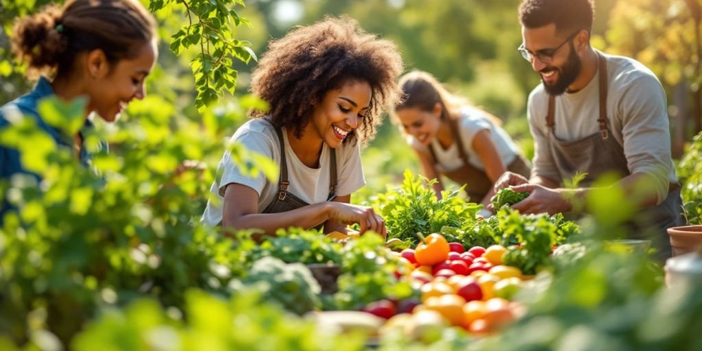 Community members gardening together, cultivating healthy food.