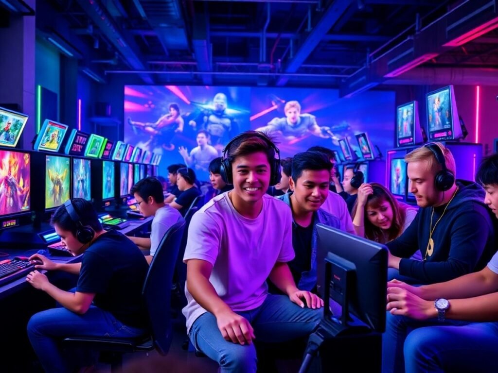 Diverse gamers enjoying multiplayer games in a lively setting.