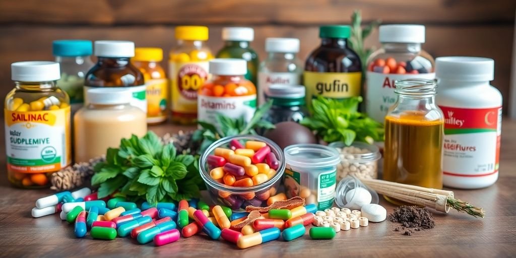 Variety of nutritional supplements on a wooden table.