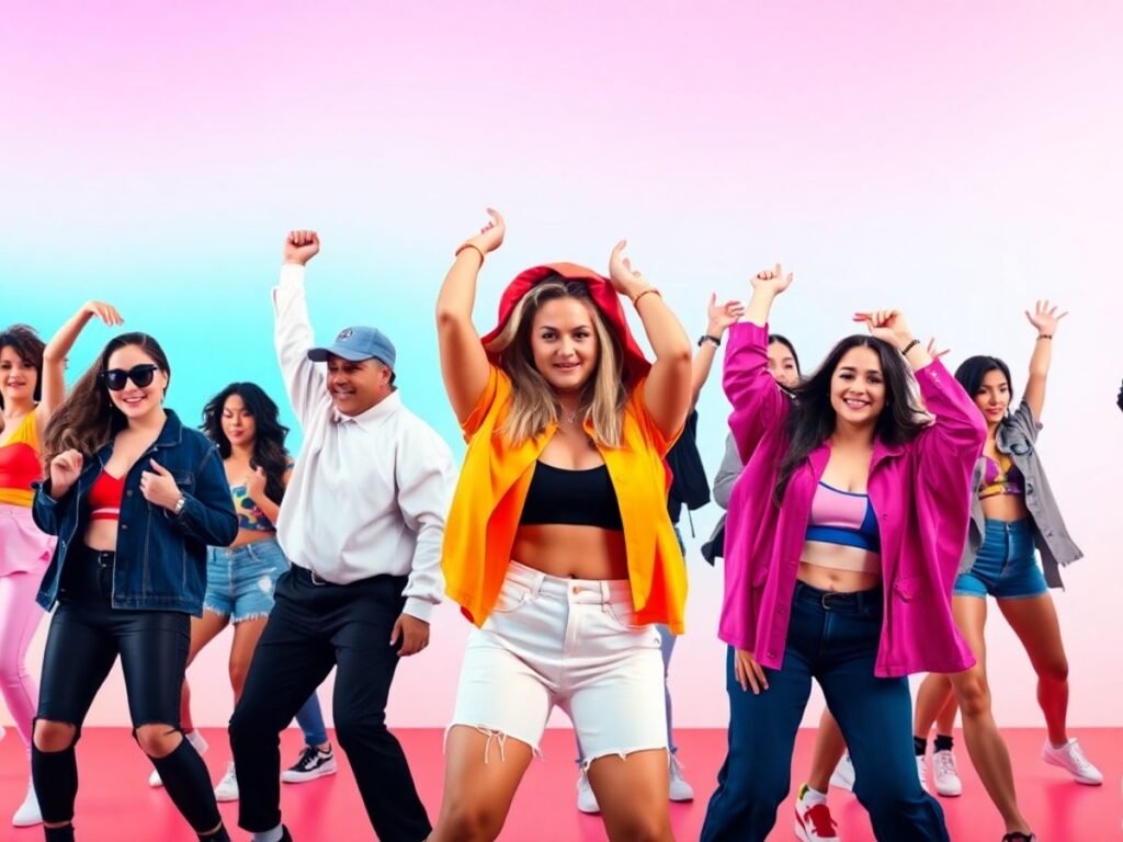 Vibrant TikTok dancers in trendy outfits and colorful backgrounds.