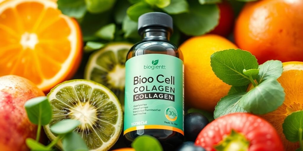 Bottle of Liquid BioCell Collagen with fresh fruits and greens.