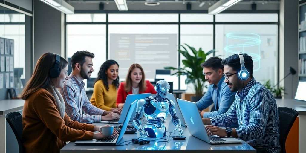 Diverse professionals collaborating with AI in a modern workspace.