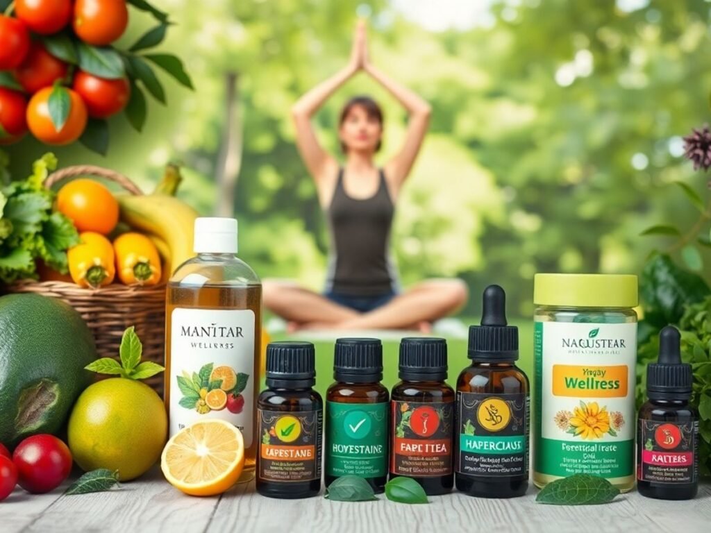 Fresh fruits, yoga outdoors, wellness products, and herbs.